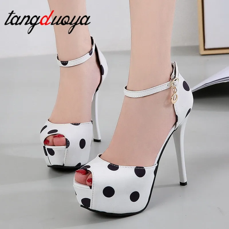 Amozae New Platform High Heel Polka Dot Sweet Silk Satin Shallow Mouth Fish Mouth Single Shoes Women Shoes Offwhite Shoes High Heels A8