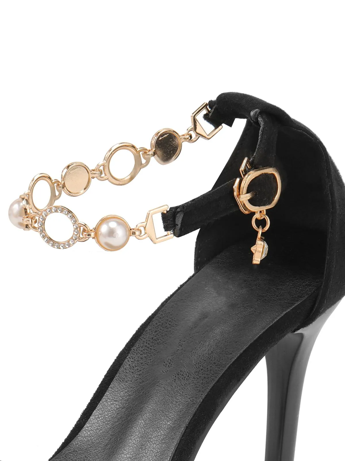 Black Pearl Chain Metal Point Toe Cone Heels