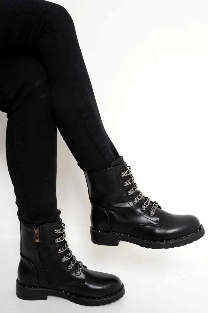 Black PU Chain Detail Biker Boots - Fischer