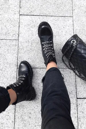 Black PU Chain Detail Biker Boots - Fischer