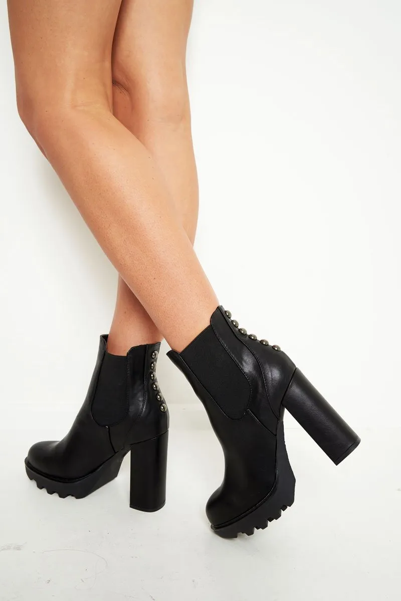 Black PU Stud Detail Heeled Chunky Chelsea Boots - Zoeygrace