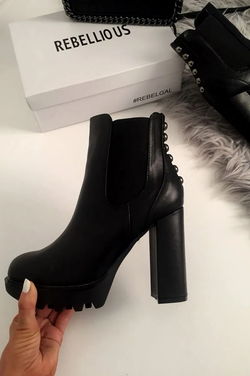 Black PU Stud Detail Heeled Chunky Chelsea Boots - Zoeygrace