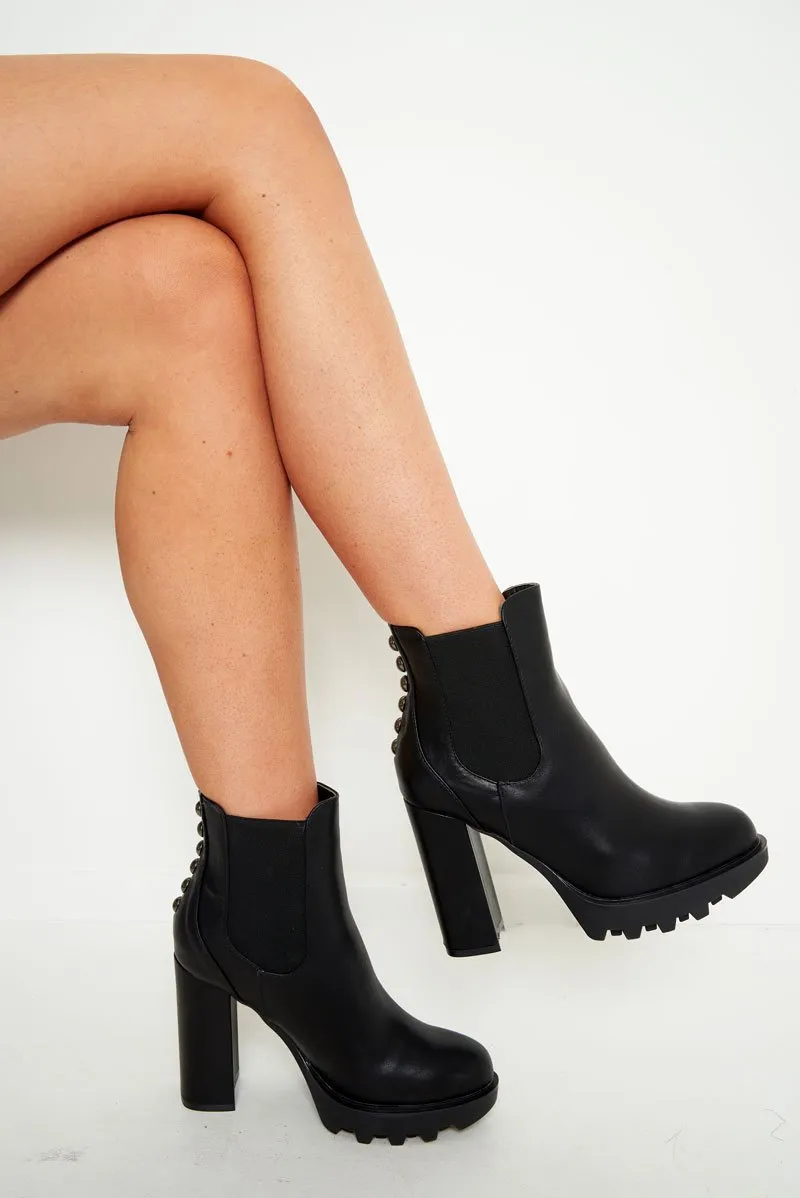 Black PU Stud Detail Heeled Chunky Chelsea Boots - Zoeygrace