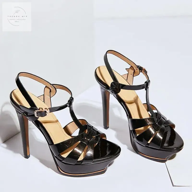 Chic Women's Buckle Sandals with High Heel Platforms in Leather