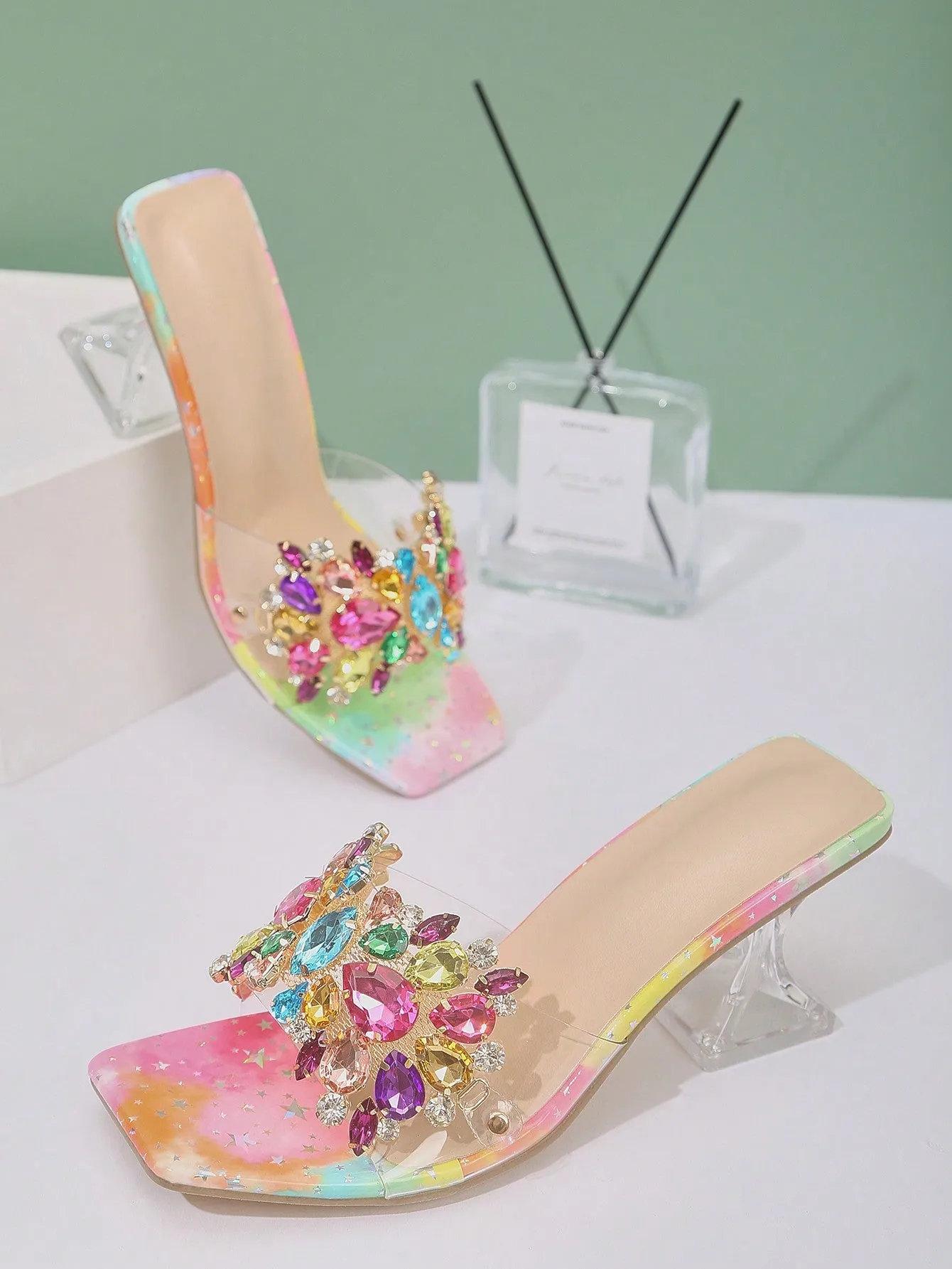 Fashionable & Shiny Rhinestone Buckle, Clear & Asymmetric High Heel Sandals