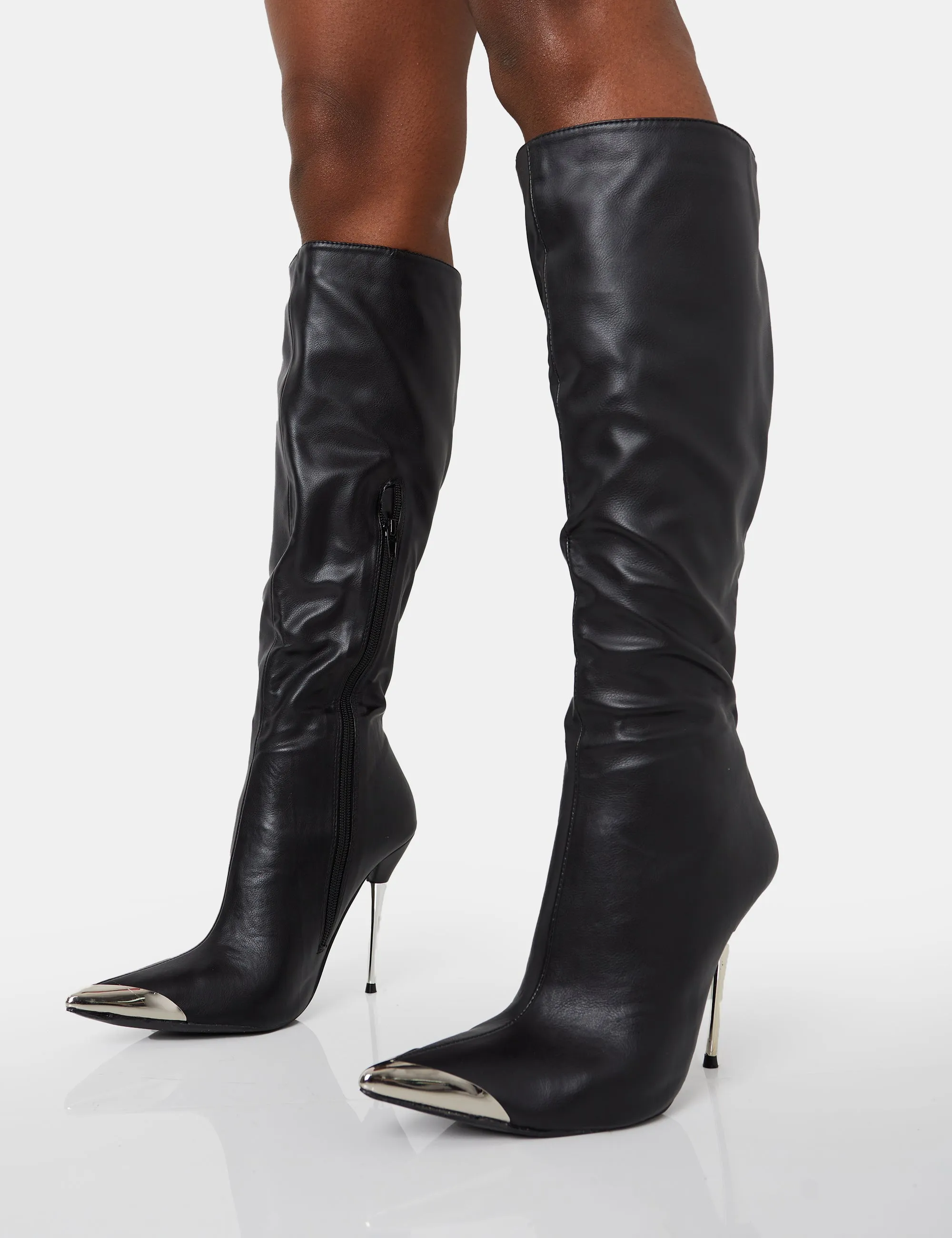 Finery Black Pu Metal Toe Capped Zip Up Knee High Stiletto Boots