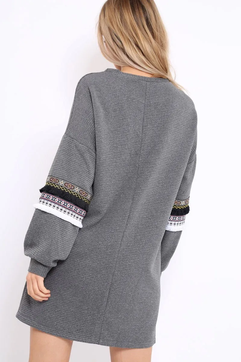 Grey Jumper Dress with Sleeve Trim Detail - Hermina