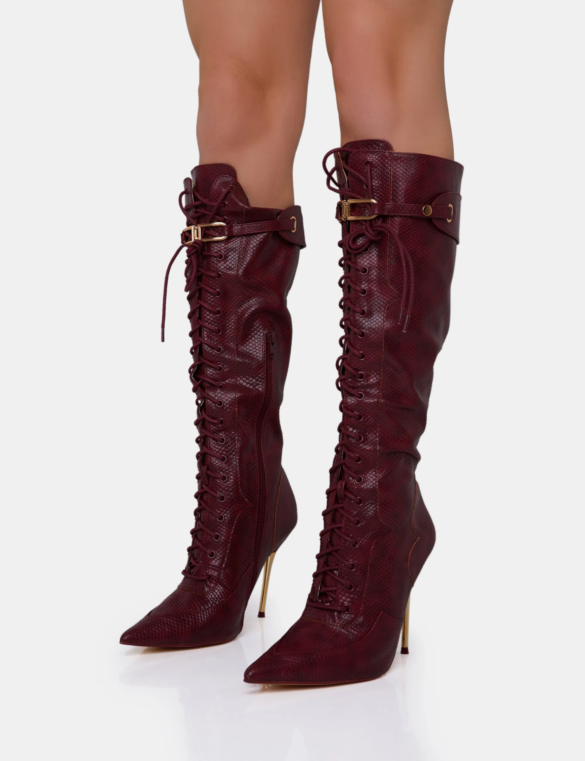 Infatuated Burgundy Croc Lace Up Gold Stiletto Knee High Boots