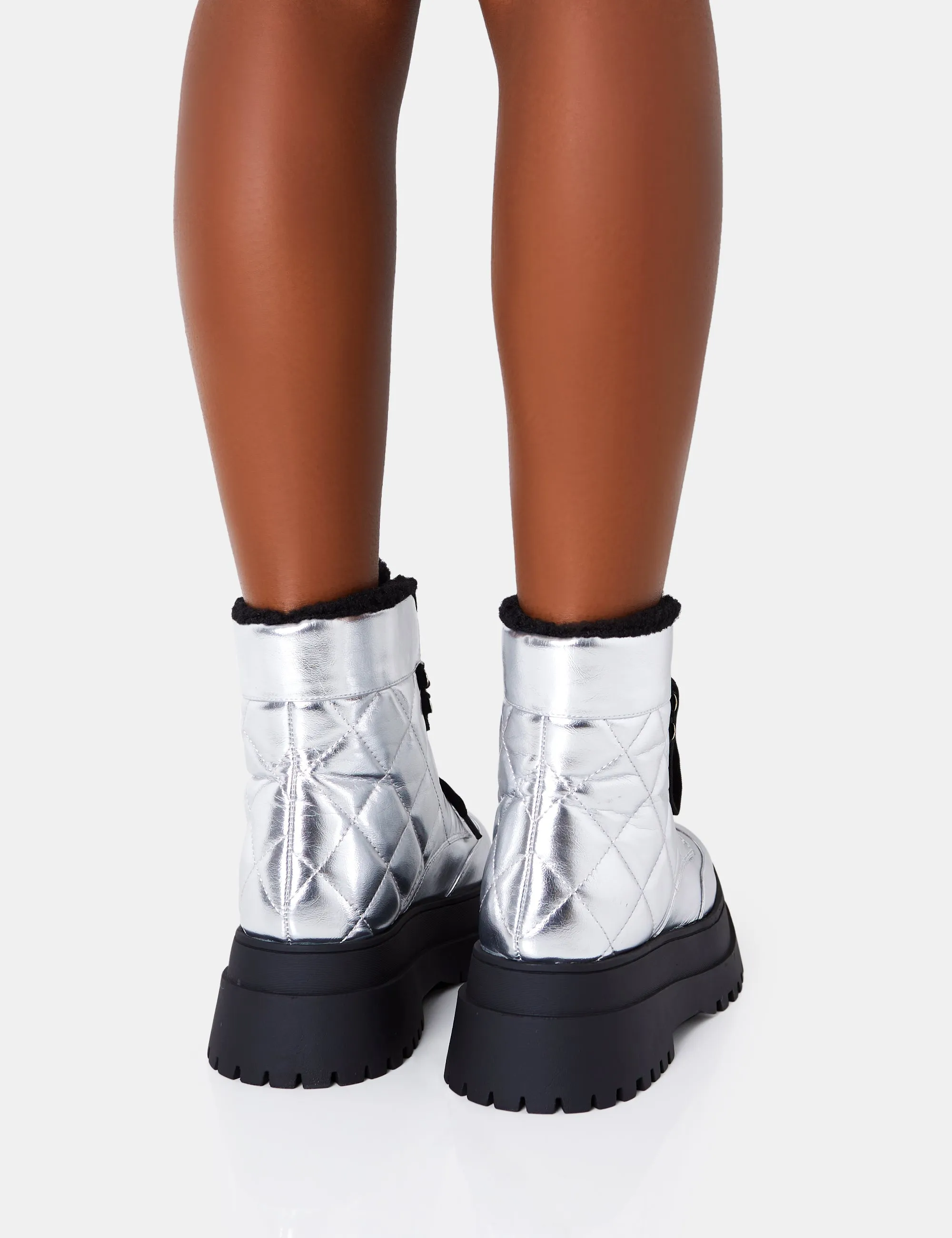 Magda Silver Patent Quilted Chunky Sole Rounded Toe Ankle Boots