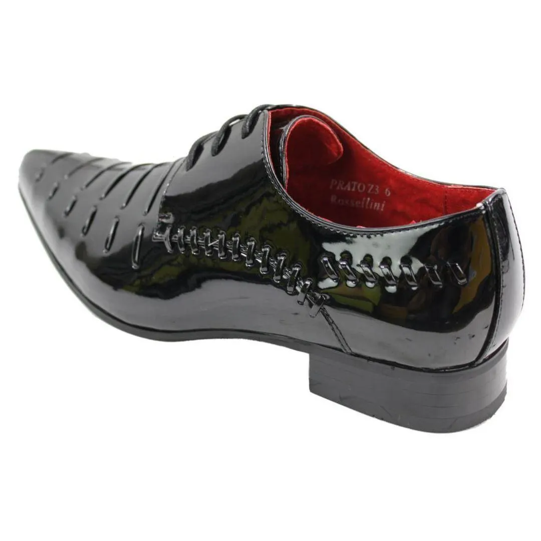 Mens Italian Design Black Red Laced Leather Shiny Patent Shoes Smart Casual