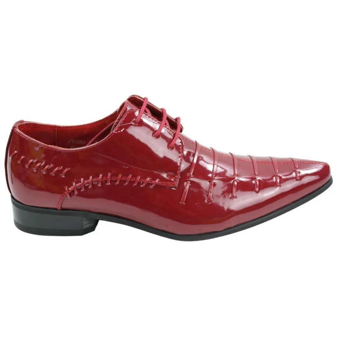 Mens Italian Design Black Red Laced Leather Shiny Patent Shoes Smart Casual