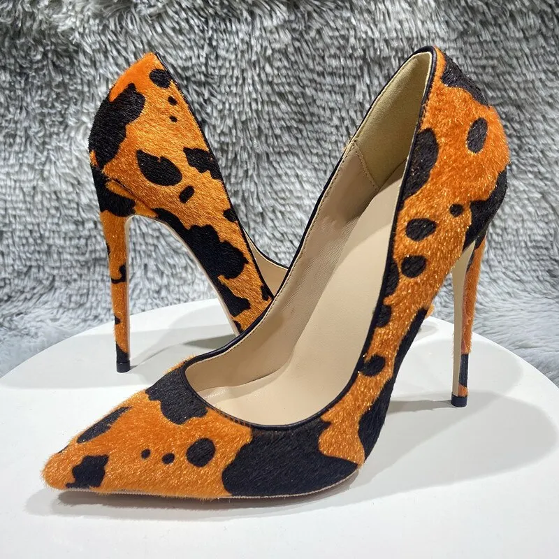 Orange Cow Print Hairy Flock Women Pointy Toe High Heel Shoes 8cm 10cm 12cm Slip On Sexy Stiletto Pumps for Party Dress