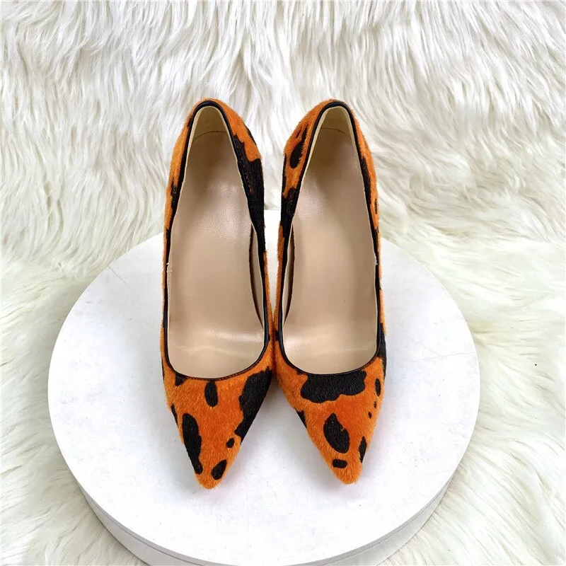 Orange Cow Print Hairy Flock Women Pointy Toe High Heel Shoes 8cm 10cm 12cm Slip On Sexy Stiletto Pumps for Party Dress