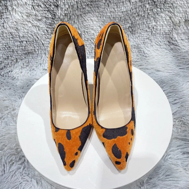 Orange Cow Print Hairy Flock Women Pointy Toe High Heel Shoes 8cm 10cm 12cm Slip On Sexy Stiletto Pumps for Party Dress