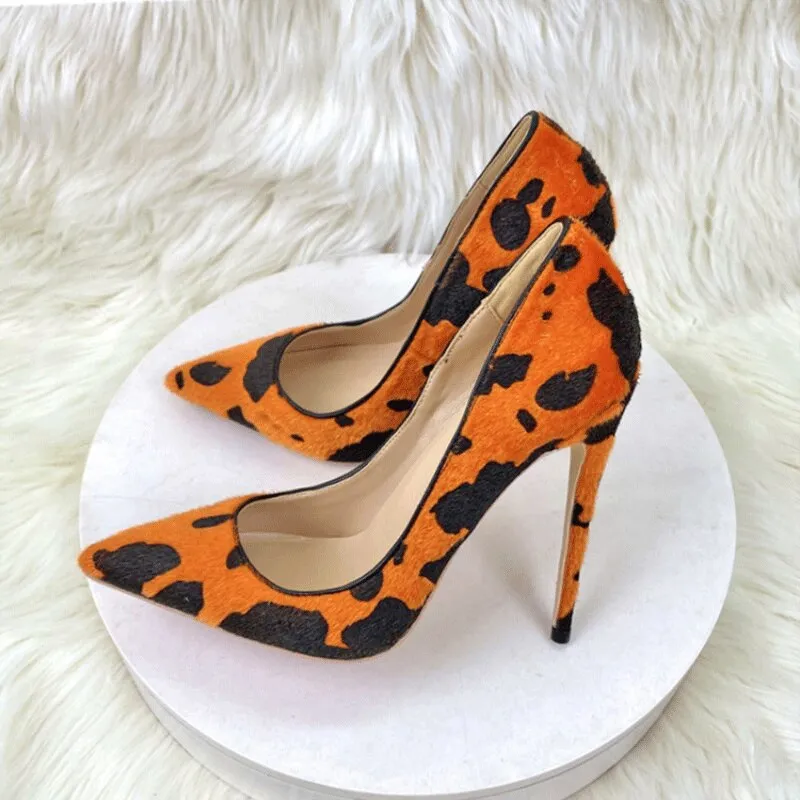 Orange Cow Print Hairy Flock Women Pointy Toe High Heel Shoes 8cm 10cm 12cm Slip On Sexy Stiletto Pumps for Party Dress