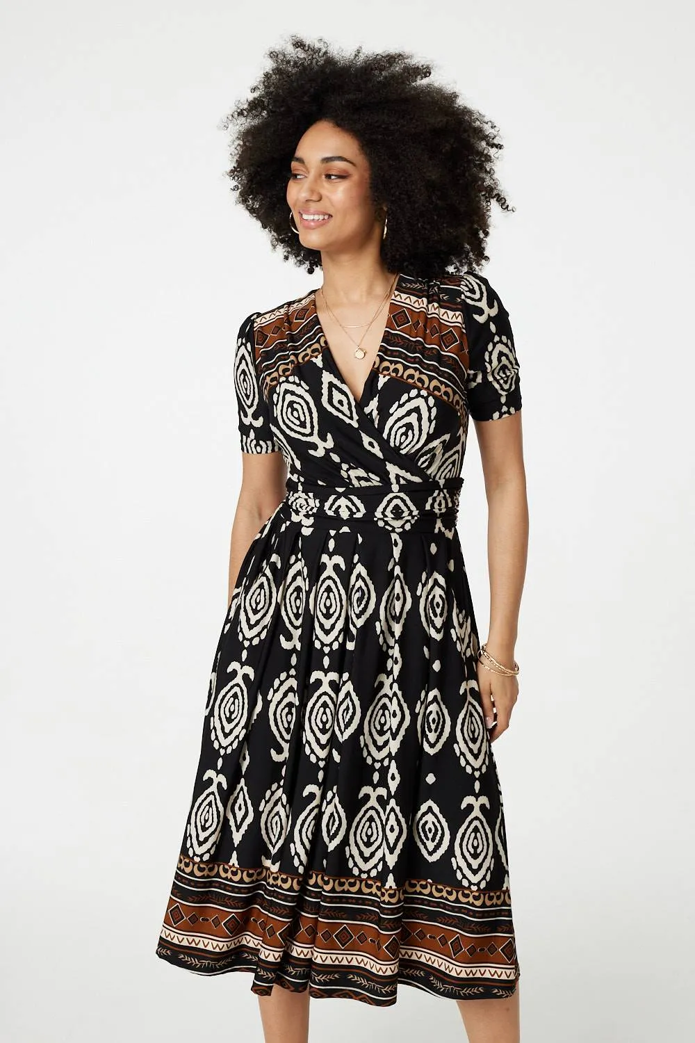 Printed 1/2 Sleeve Pleated Wrap Dress