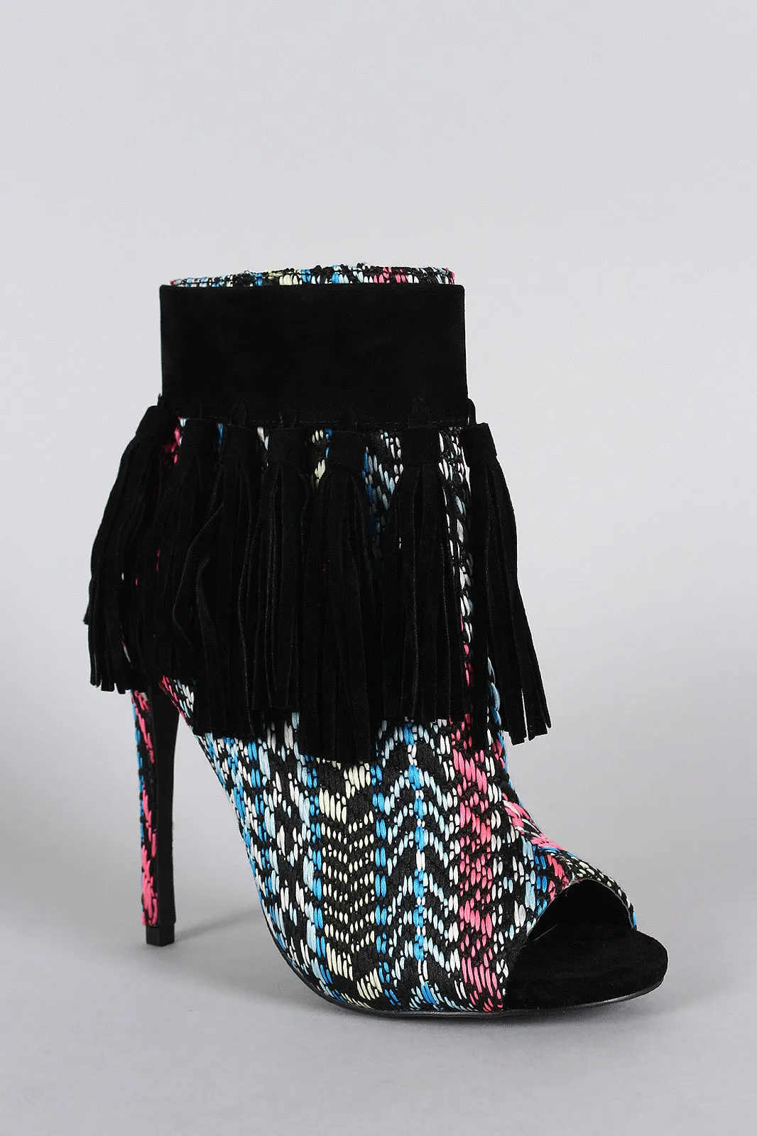 Privileged Fringe Tassel Open Toe Stiletto Ankle Boots