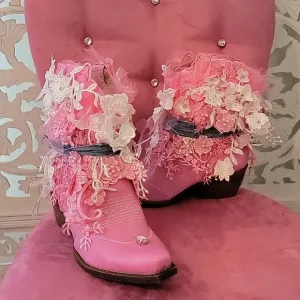 "OAKLEE" Pink & White Lace Western Ankle Boots