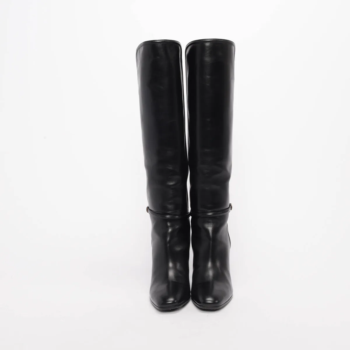 Saint Laurent Black Polished Leather Jane Buckle Boots 39.5