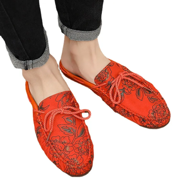 Sao Qichao brand embroidered heel less semi trailing Doudou shoes men's breathable casual leather shoes Baotou lazy shoes rose red