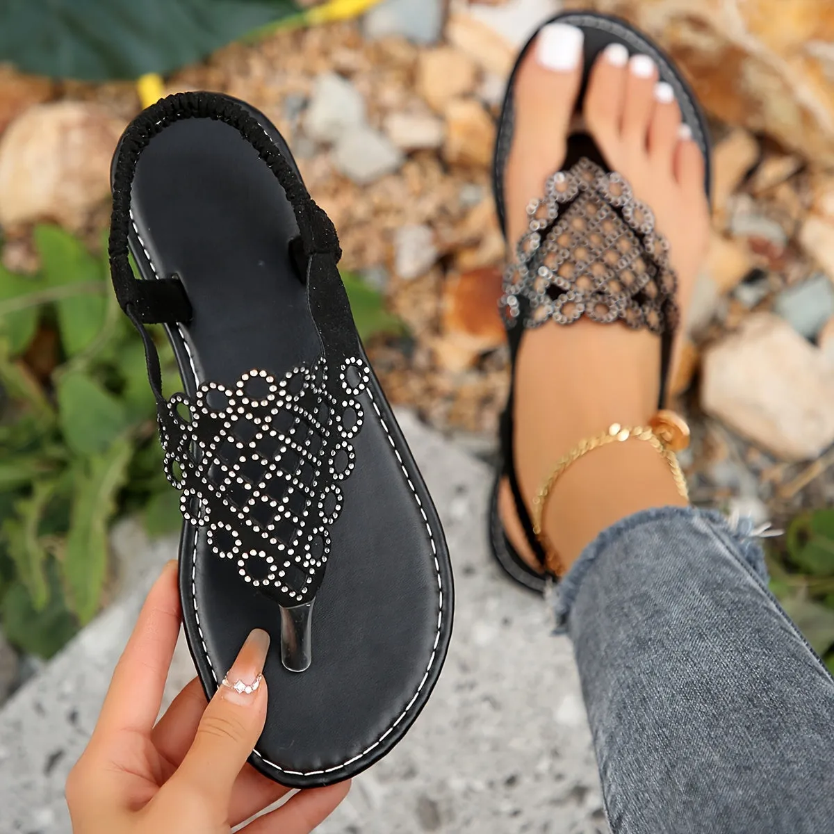 Womens Chic Rhinestone Boho Sandals - Stretchy Ankle Support for Summer Getaways - Toe Post Thong Design, Fashionable & Comfortable