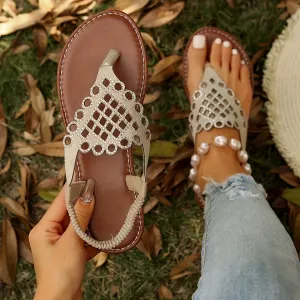 Womens Chic Rhinestone Boho Sandals - Stretchy Ankle Support for Summer Getaways - Toe Post Thong Design, Fashionable & Comfortable